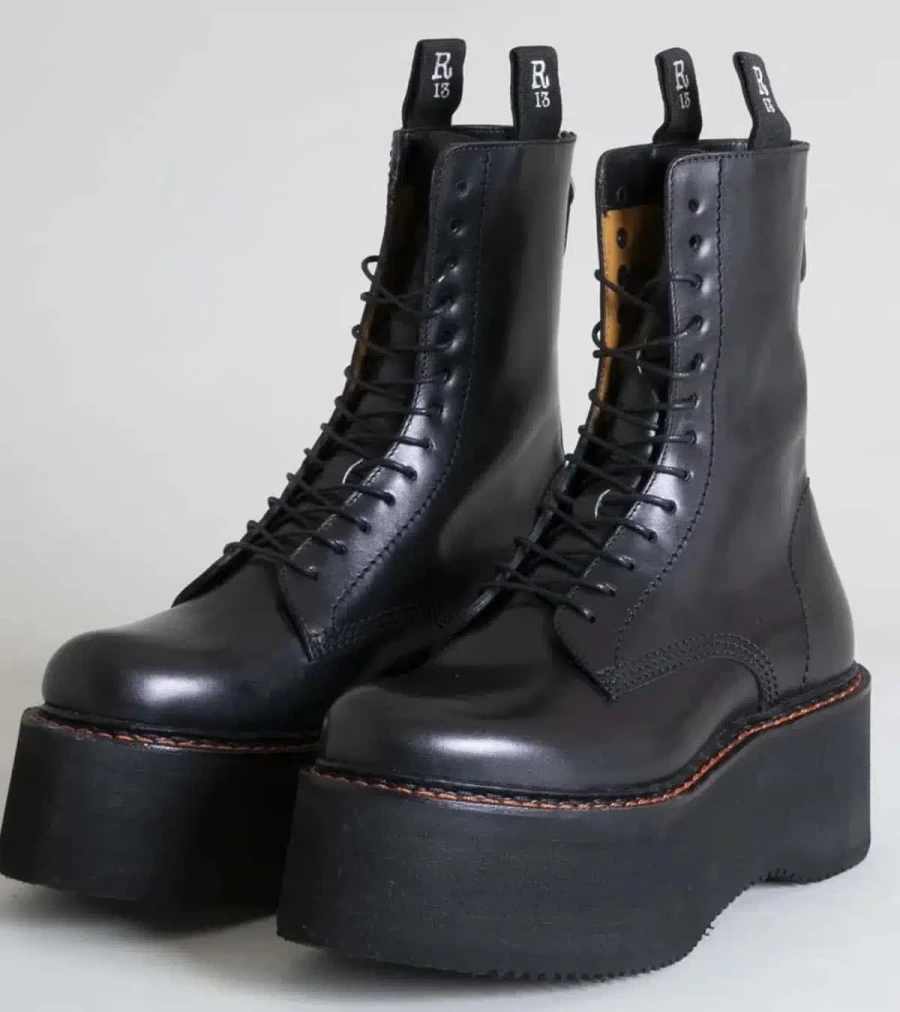 R13 Black Leather Double Stack Lace-Up Boots - Atelier Talia Sol Chunky Heel Ankle Booties