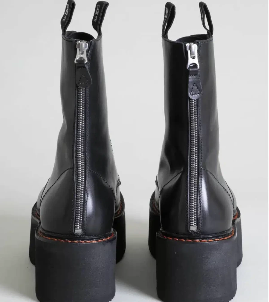 R13 Black Leather Double Stack Lace-Up Boots - Atelier Talia Sol Chunky Heel Ankle Booties