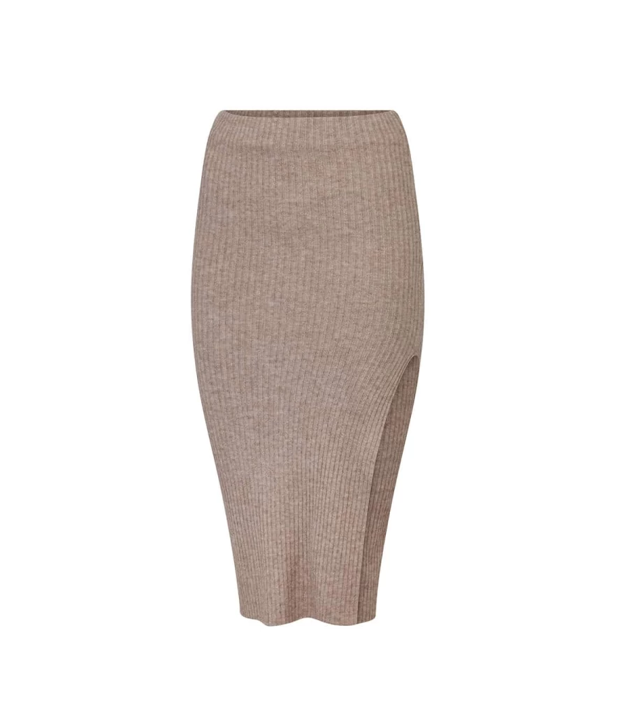 ATELIER EXCLUSIVE Beige Ribbed Midi Skirt - High Waist Stretch Knit Pencil Skirt by ATELIER TALIA SOL