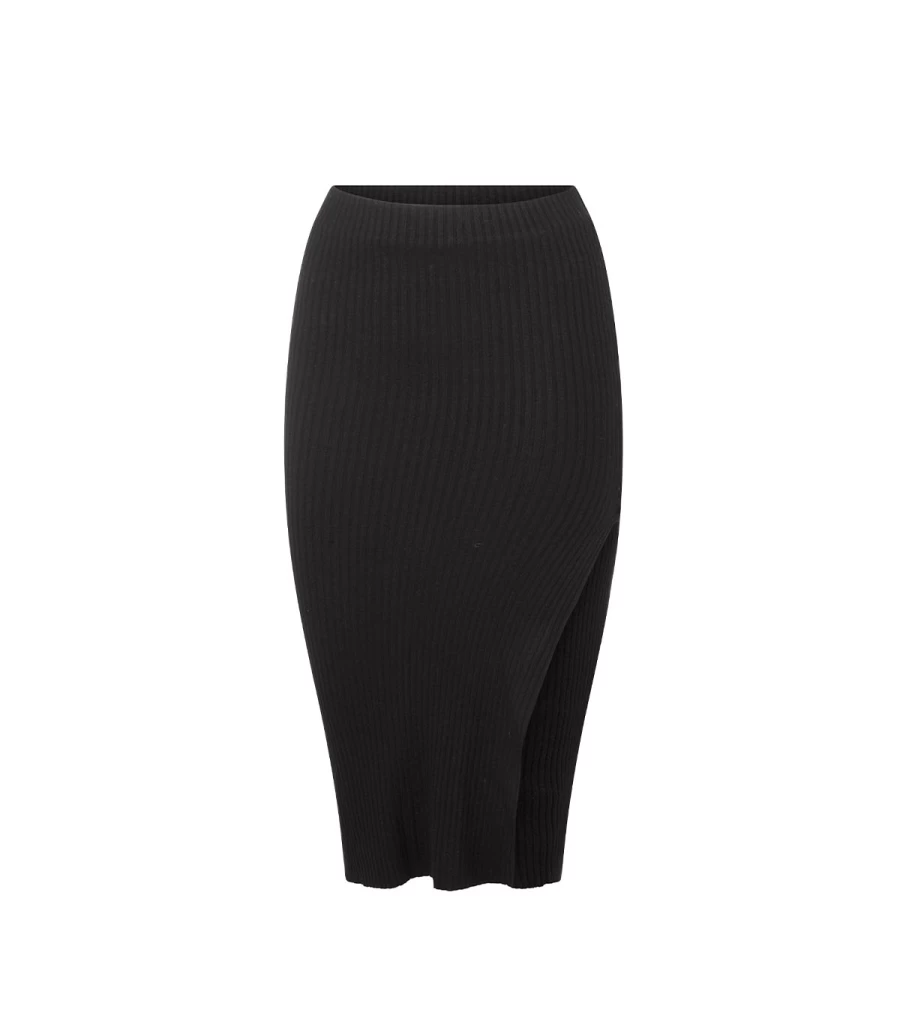 ATELIER EXCLUSIVE Black Ribbed Midi Skirt - High Waist Stretch Knit Pencil Skirt - ATELIER TALIA SOL Women's Fashion