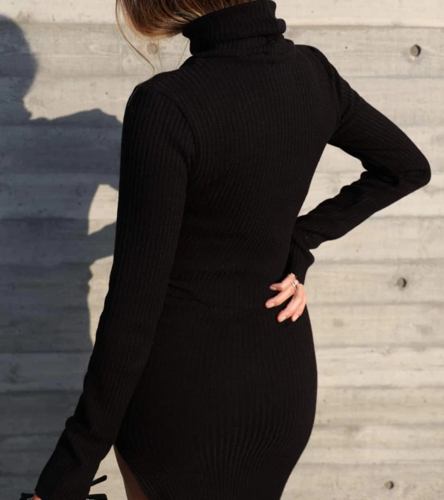 ATELIER EXCLUSIVE Black Ribbed Midi Skirt - High Waist Stretch Knit Pencil Skirt - ATELIER TALIA SOL Women's Fashion