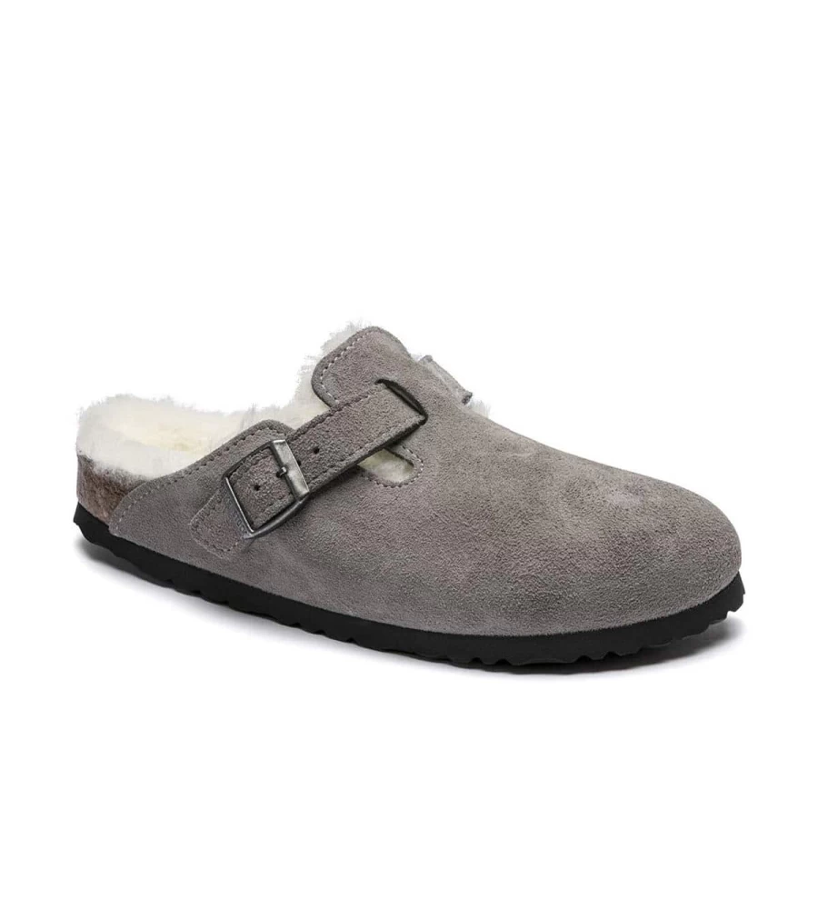 BIRKENSTOCK Boston Shearling Clogs Stone Color Atelier Talia Sol Soft Footbed Sandals