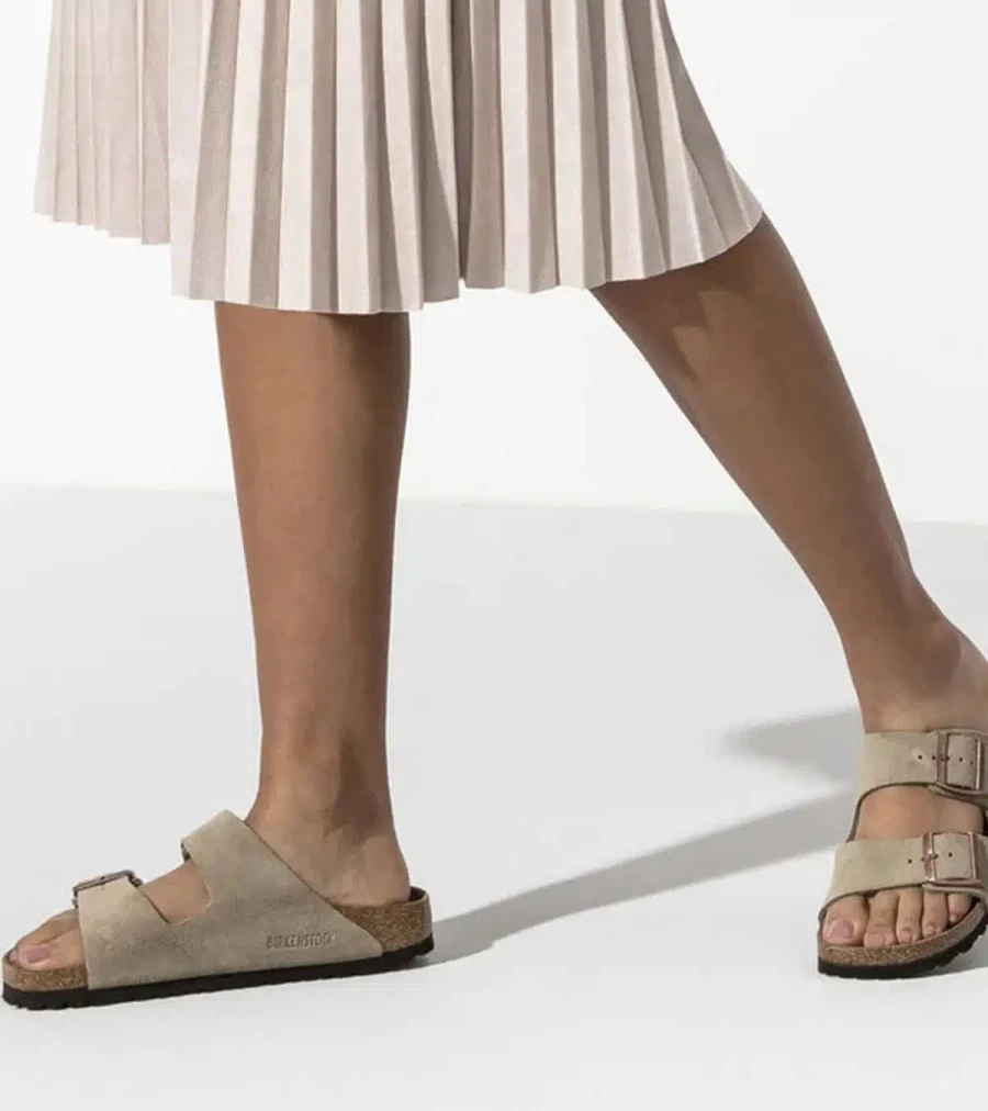 BIRKENSTOCK Arizona Soft Footbed Sandals in Taupe Suede - Comfortable Cork Footbed - Unisex Slide Sandals