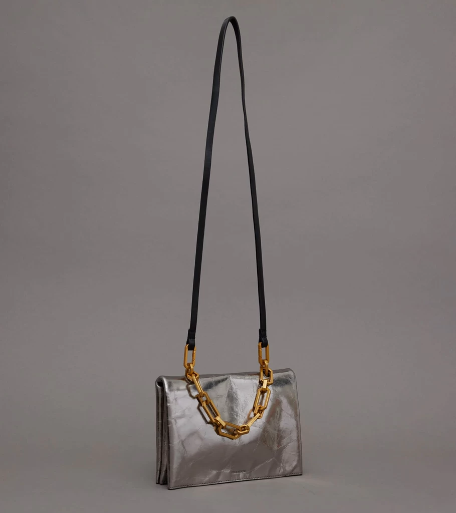 ALL SAINTS Yua Chain Clutch Bag - Silver Crossbody Bag for Women - Stylish Metallic Shoulder Purse