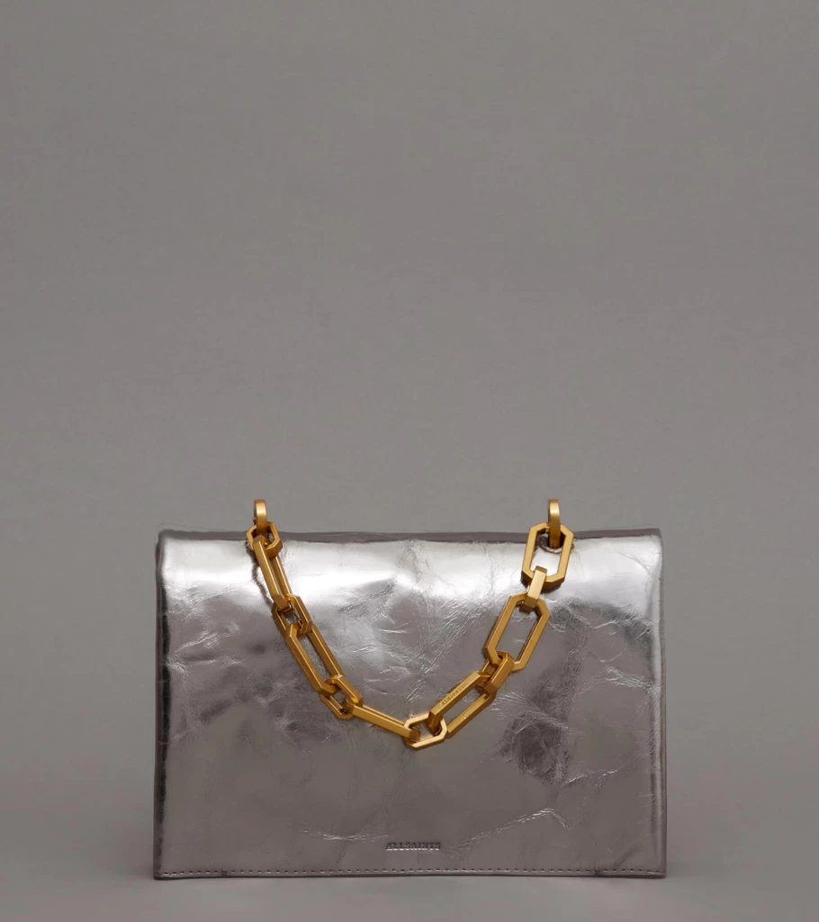 ALL SAINTS Yua Chain Clutch Bag - Silver Crossbody Bag for Women - Stylish Metallic Shoulder Purse
