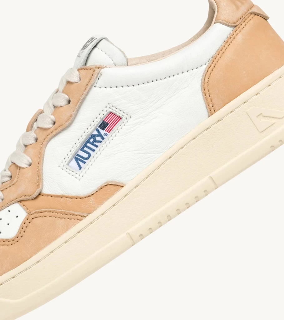 AUTRY Medalist Low Bi-Color Sneakers in White and Caramel Washed Goatskin by Atelier Talia Sol