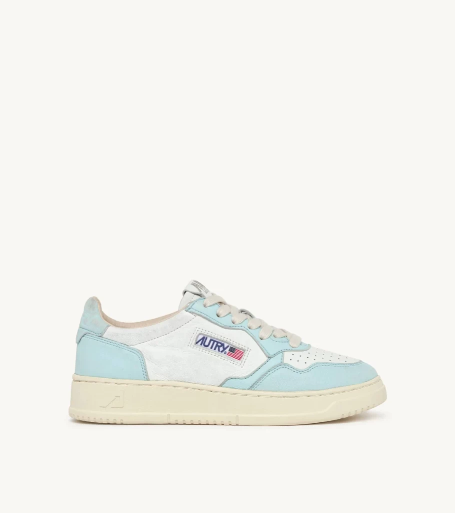 AUTRY Medalist Low Top Sneakers in White and Light Blue Washed Goatskin Leather