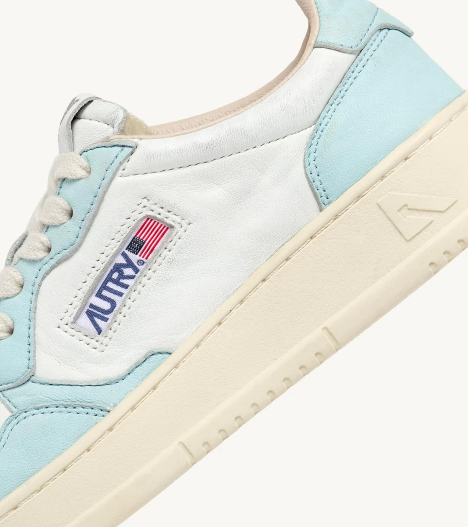 AUTRY Medalist Low Top Sneakers in White and Light Blue Washed Goatskin Leather