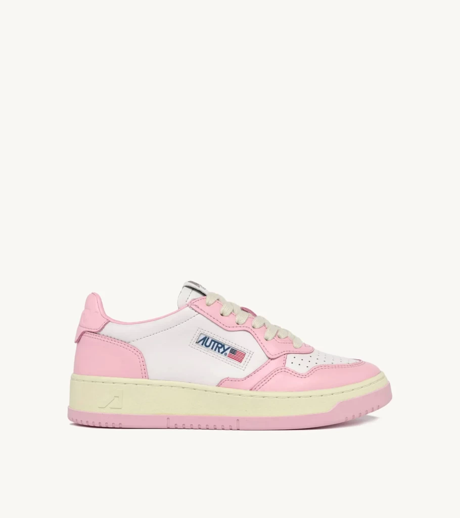 AUTRY Medalist Low Top Sneakers in White and Pink Leather - Women's Bi-Color Athletic Shoes by Atelier Talia Sol