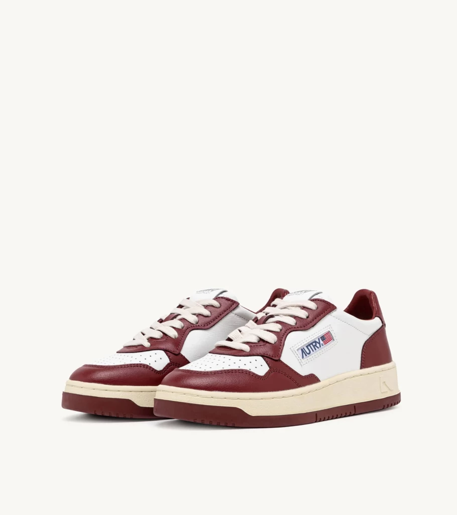 AUTRY Medalist Low Top Leather Sneakers in White & Burgundy Two-Tone Colorway