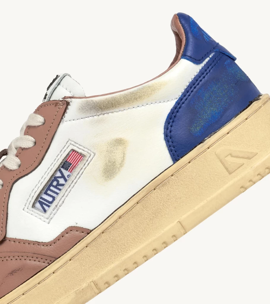 AUTRY Super Vintage Low Top Leather Sneakers in White, Blue, and Brown - Atelier Talia Sol Collection