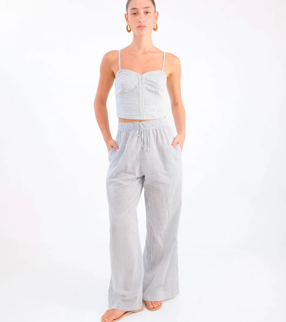 DESERT QUEEN Women's Blue Striped Palazzo Pants - Boho Chic High Waist Wide Leg Trousers
