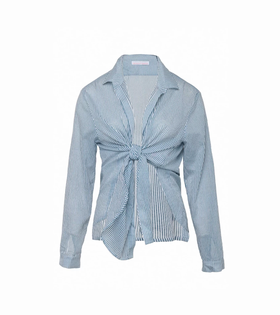 DESERT QUEEN Aria Tie-Front Shirt Women's Blue Striped Casual Top