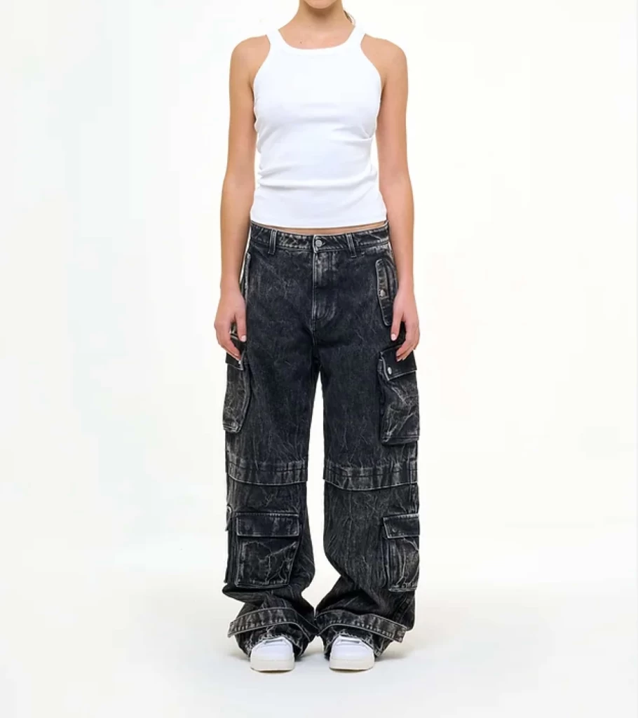 ICON DENIM Rosalia Wide Leg Cargo Jeans for Women - High Waist Distressed Denim Pants with Pockets - ID837