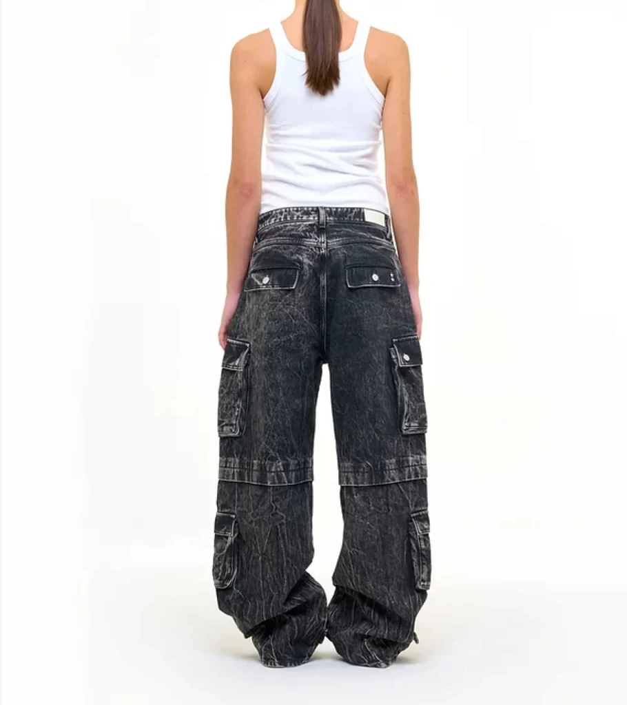 ICON DENIM Rosalia Wide Leg Cargo Jeans for Women - High Waist Distressed Denim Pants with Pockets - ID837