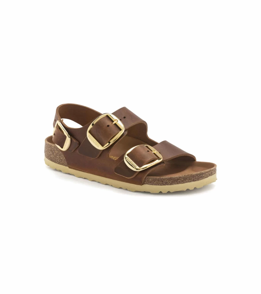 BIRKENSTOCK Milano Big Buckle Sandals in Cognac Leather - Comfortable Cork Footbed - Classic Two-Strap Design
