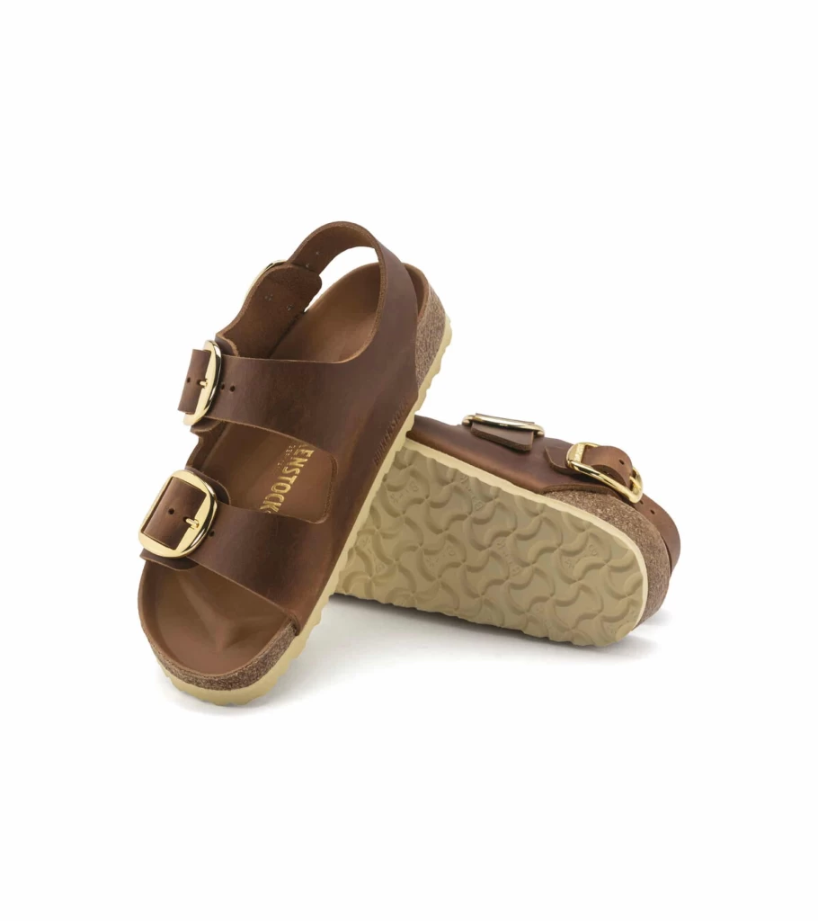 BIRKENSTOCK Milano Big Buckle Sandals in Cognac Leather - Comfortable Cork Footbed - Classic Two-Strap Design