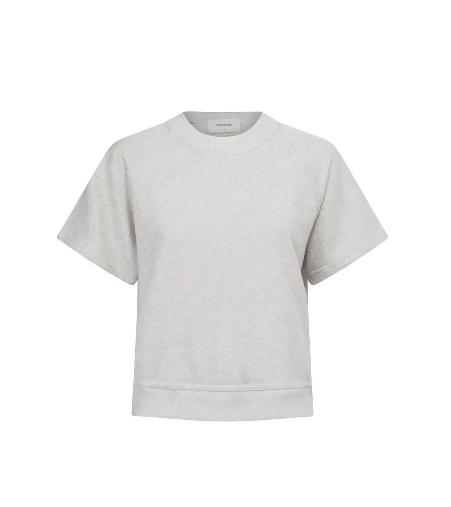 PINK MOTEL Luna Short Sleeve Sweatshirt for Women - Stone Melange Pullover - Atelier Talia Sol Casual Crewneck Top