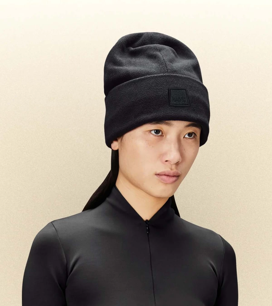 RAINS Fleece Beanie - Black Winter Hat by Atelier Talia Sol - Warm Knit Skull Cap