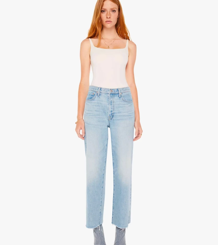 MOTHER DENIM The Rambler Zip Ankle Fray Jeans - I'M With The Band Distressed Denim Women's High Waist Skinny Jeans with Zipper Detail