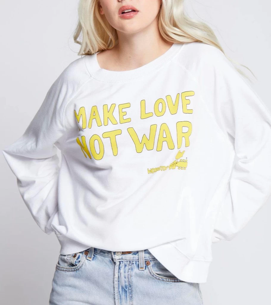 RECYCLED KARMA Woodstock Love Sweatshirt - Eco-Friendly White Hoodie by Atelier Talia Sol - Sustainable Fashion