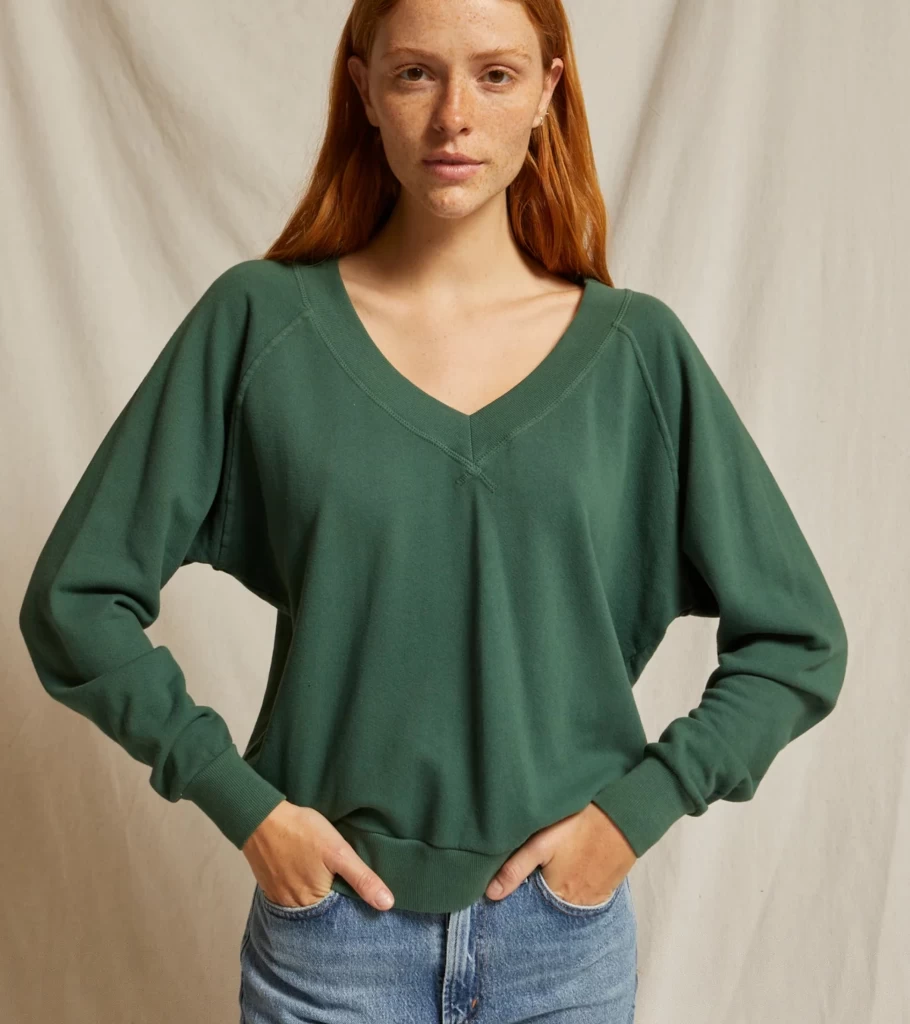 PERFECT WHITE TEE French Terry V-Neck Sweatshirt for Women - Ever Green Casual Pullover Top