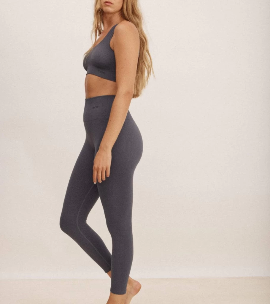 SAISEI Ribbed 7/8 Leggings for Women - High Waist Stone Color Workout Yoga Pants - Tummy Control Comfort Fit Stretchy Activewear
